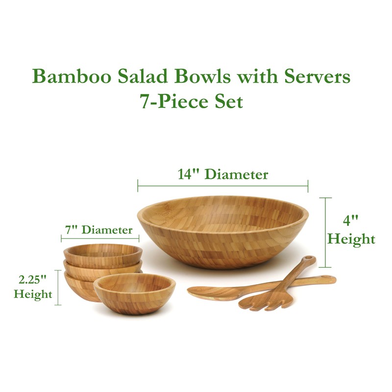 Lipper International Bamboo Wood Salad Bowls with Server Utensils, 7-Piece
