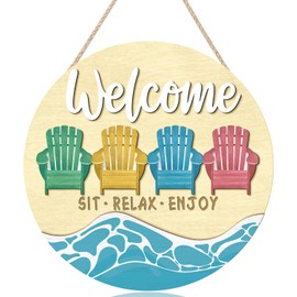 TOARTi 3D Welcome Sit Relax Enjoy Round Hanging Sign Farmhouse Summer Welcome Signs Wooden Beach Wreaths for Front Door Housewarming Gift for Beach House Welcome Sign Decor