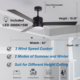 HOMEnhancements 52 Inch Modern Ceiling Fan with Light Matte Black Ceiling Fan with Pull Chain for Bedroom Living Room 3 Color Temperature LED Light (3K/4K/5K) 3 Blades 2 Mode of Air Circulations