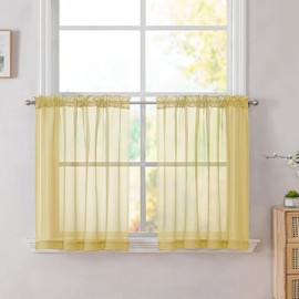 Simplebrand Cortinas Escalonadas Amarillas para Cocina de 24 Pulgadas de Largo, Juego de 2 Paneles, Bolsillo para Varilla, Cortina de Café con Filtrado de Luz, Cortinas Cortas Semitransparentes para