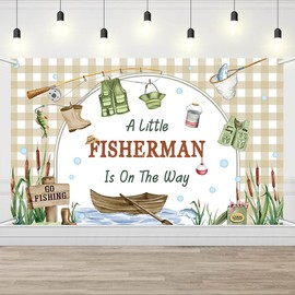 AIBIIN Fishing Baby Shower Backdro A Little Fisherman is on The Way Banner It’s a Boy Gone Fishing Party Decoration for Boys Little Fisherman Lake Rustic Fishing Theme Photo Props 70.8x43.3inch
