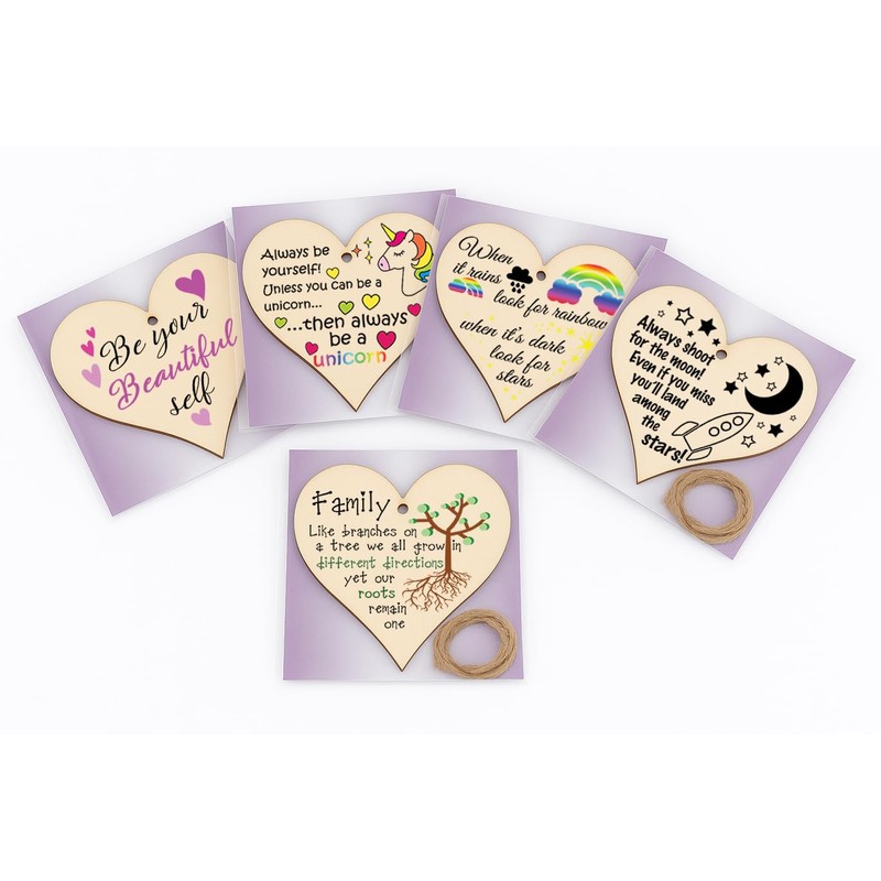 Pack of 5 Decorative Wooden Heart Plaques – Inspirational Quote