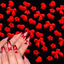 BAIYIYI 100Pcs 3D Nail Art Plush Resin Nail Charms Mixed Heart-shaped Bowknot Bossom Flower Red Resin Charms Fluffy Pom Balls for Valentine's Day Nail Decoration Craft Supplies