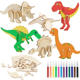 Dinosaur Wooden Craft Set Children, 24 Pieces Dino Craft Set for Painting and Crafts DIY, 3D Puzzle Dino Wooden Craft Sets Children's Birthday Toy Dinosaur Wood Crafts Boys Girls Birthday Crafts