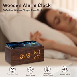 WAIGESEN Digital Wooden Alarm Clock with 10W Fast Wireless Charging,Three Levels Brightness,Weekday/Weekend Mode, Snooze,Wood Alarm Clocks for Bedroom, Bedside, Desk(Brown)