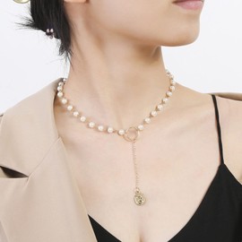 Aneneiceera Simple Coin Pendant Y Necklace Gold Pearl Necklace Link Chic Beaded Chain Boho Necklace Jewelry Party Nightclub Gifts Wedding Jewelry for Women and Girls