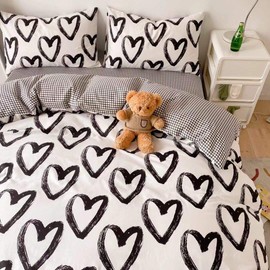 Houseri Love Comforter Set Queen Black and White Comforter Full Heart Shaped Bedding Sets Full for Teen Girls Women Kawaii Comforters Queen Size Men Boys Love Heart Bedding Full Size