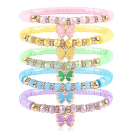 Colorful Beaded Bracelets for Women with Butterfly Charm Candy Color Elastic Surfer Heishi Pearlescent Clay Beads Bracelets Set Bohemian Stackable Friendship Bracelets Summer Jewelry Gifts for Teens
