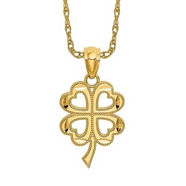 14K Solid Yellow Gold 4 Leaf Lucky Clover Shamrock Flower Necklace Heart Irish Claddagh Celtic Charm Pendant Jewelry Only