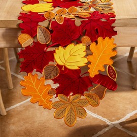 Joyfol Day Fall Leaves Table Runner 14 x 86 inch, Thanksgiving Harvest Rust Maple Leaves Table Runners, Embroidered Autumn Dresser Scarf for Harvest Party Dinner Seasonal Decoration