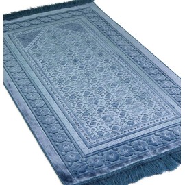 Modefa Velvet Prayer Rug - Soft Plush Turkish Janamaz Sajada Carpet for Men and Women - Plain Solid Prayer Mat Ramadan Eid Gift - with Prayer Beads - Luxury Floral Stamp (Steel Blue)