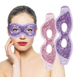 Máscara de gel de refrigeración con agujeros para los ojos, 2 paquetes de gel para ojos hinchados e hinchazón, reutilizable, para terapia de frío caliente, compresa de gel de hielo, color morado y rosa