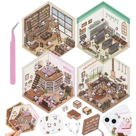 pindda DIY 3D House Stickers, 4 Sets Fun DIY Stickers Scene Make Your Own Mini House Cute Cartoon Animal Scene Stickers for Kids Adult Sticker Art Relief Stress Pass The Time