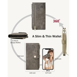 Sunpour Womens Leather Wallet RFID Blocking Slim Bifold Credit Card Holder Travel Wallet with Double Zipper Pocket (Stone-Gray)