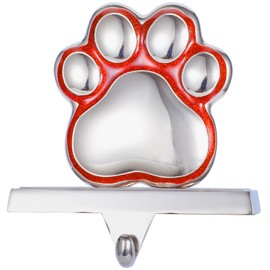 Red & Silver Paw Print Metal Stocking Holder Decoration Holiday Home Mantel Decor Dog Paw Christmas Stocking Holders Silver Metal Mantel Pet Paw Stocking Hangers for Christmas Fireplace Mantel Decor