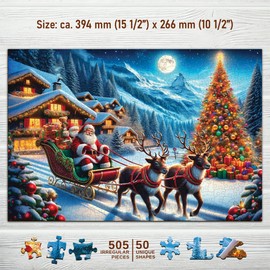 WOODEN.CITY 500 Pieces Wooden Puzzle - Santa Sleigh with 50 Christmas Moulds 39.4 x 26.7 cm - Designed and Made in the EU