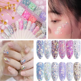 Holographic Nail Sequin Accessories - 3D Glitter Flakes Nail Supplies Acrylic Powder for Shiny Manicure Designs - Colors (12)