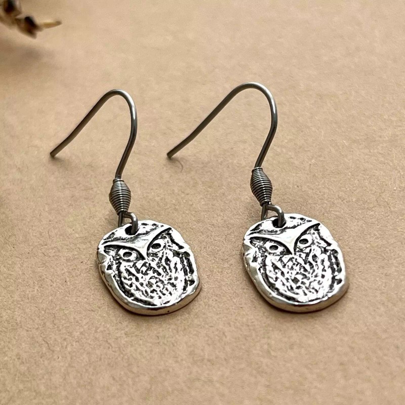 Duct Tape and Denim Owl Earrings, Artisan Coin Charm