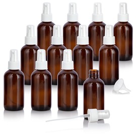 JUVITUS 4 oz Amber Glass Boston Round Bottle with White Fine Mist Spray (12 Pack) + Funnel