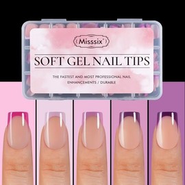 Misssix XBASICTIPS Uñas francesas a presión, 150 unidades, uñas de gel francesas cortas y cuadradas moradas, uñas de gel suaves, preformadas, sin lima