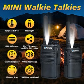 Voopon V8 Long-Range Rechargeable Mini Walkie Talkies for Adults with Earpieces Two-Way Radios with Desktop Charger Flashlight FRS Channel or Family Camping Hiking Security Shop and Business (2 Pack)