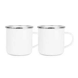 Set of 2 Enamel Mugs - Camping Gift Durable Hot Drinks White Outdoor Cup with Silver Rim - Travel Picnics Home Hiking