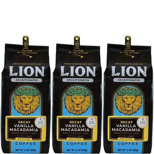 Lion Coffee, Swiss Water DECAF, Vanilla Macadamia Flavor, Light Roast, Ground, 10 Ounce Bag (Pack of Three)