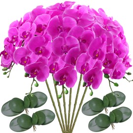 FagusHome 6 Pcs Artificial Phalaenopsis Flowers with 4 Bundles Leaves Artificial Orchid Flowers Stem Plants for Home Décor (Purple)