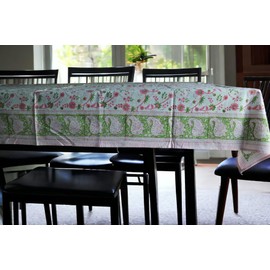 Fabric Venue Cotton Print 100% Cotton Hand Block Printed Tablecloth Table Cover RED Green - for Wedding, Easter, Spring, Mothers Day, Housewarming Party - 06-Seater 60x90 Inch