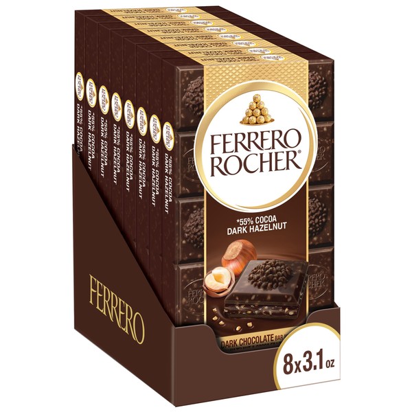 Ferrero Rocher Barras de chocolate de alta calidad, avellana de chocolate negro envueltas individualmente, regalo de chocolate de lujo para el día de San Valentín, 3.1 onzas cada una, paquete de 8