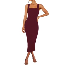 RANPHEE Midi Dresses for Women Casual Summer Trendy Burgundy Body con Square Neck Side Slit Slimmming Wedding Guest Cocktail Party Dress S