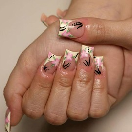 IMSOHOT Press on Nails Short Square Fake Nails with Flower Designs Yellow French Tips False Nails Cute Glossy Summer Artificial Glue on Nails for Women Girls Manicure 24Pcs