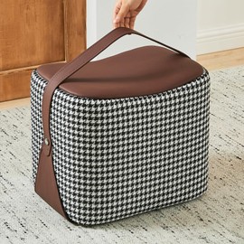 Uniclinens Small Leather Ottoman Footrest with Handle, Brown Foot Stools, Solid Wood Frame Ottoman Footstool for Living Room Bedroom Office Entrance Hall