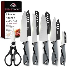 DFACKTO 6-Piece Kitchen Knife Set with Scissors without Block – Stainless Steel Knives for Kitchen, Dishwasher Safe Cooking Knife Set with Covers, Sharp Cutting Knives for Cooking – Black Gray