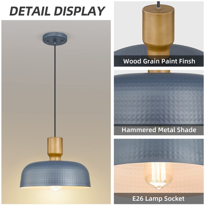Darkaway Pendant Light Fixtures Ceiling Hanging with Hammered Metal Shade,