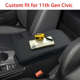 LOCOY Center Console Armrest Cover Fit for Honda Civic Accessories 2022 2023 2024 2025, 11th Gen Civic Arm Rest Box Protective Cover, Middle Console Pad, Armrest Lid Leather Cover (Black Stitches)