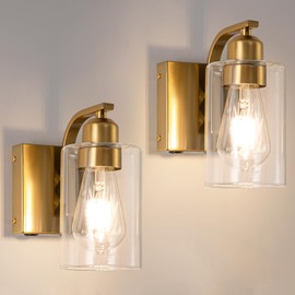 BELS 8 Inch Battery Operated Gold Wall Sconces Set of 2, Farmhouse Wall Lights Fixture with Clear Glass, Remote Control, Dimmable, Wall Sconces for Mirror, Bathroom, Bedroom