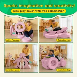 Frolic & Fun 16Pcs Modular Kids Play Couch for Toddlers, Fold Out Kids Couch Building Fort for Playroom Bedroom, Kid Convertible Explorer Sofa Cushions for Boys & Girls