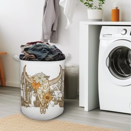 HKTZM Western Laundry Basket, Vintage Western Floral Bull Skull Waterproof Collapsible Laundry Hamper Dirty Clothes Storage Toy Bin Organizer for Western Bathroom Bedroom, Western Home Decor