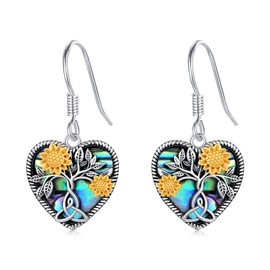 Sunflower Earrings for Women 925 Sterling Silver Heart Abalone Pendant Earrings Sunshine Sunflowers Jewellery Gifts, Sterling Silver
