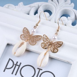 Cimenexe Bohemian Cowrie Shell Earrings Gold Hollow Butterfly Beads Earrings Ocean Shell Earrings Hollow Butterfly Earrings Butterfly Shell Drop Hook Earrings Jewellery for Women and Women, Alloy