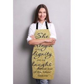 Wasach Proverbs 31:25 Apron,Bible Verse Gold Sparkles Glitter Pattern Print Apron,Adjustable Neck Bib Apron for Men Women,Suitable for Kitchen Cooking Waitress Chef Apron