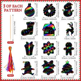 Kiiwah Pack of 36 Christmas Scratch Pictures for Children, Christmas Scratch Paper Rainbow Scratch Art with 36 Ribbons and 12 Wooden Pens for Children Crafts, Christmas Gift Cans, Christmas Tree
