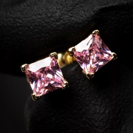 Steelt Knitted Women's Gold Plated Pink Cubic Zirconia CZ Princess Cut Screw back Earrings