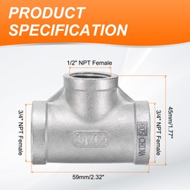 sourcing map Tee Pipe Fitting (1/2" x 3/4" x 3/4") NPT Female 304 Stainless Steel t Shaped Reducer 3 Way T-Connector for Industrial Connection Water Air Gas Oil Fuel