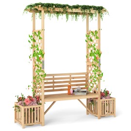 Giantex Outdoor Bench with Garden Arbor & 2 Planter Boxes, Wooden Trellis for Climbing Plants & Vines, Outside Pergola for 2-People Seating, Decoration for Porch, Patio, Yard