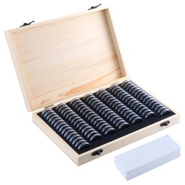 TsunNee 100 Pieces Coin Holders, Wooden Coin Storage Box with Round Coin Capsules, Coin Storage Case with Plastic Coin Organiser for Coin Collectors, Wood Colour, Open and Close