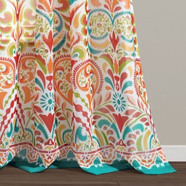 Lush Decor Clara Sheer Curtains Paisley Damask Print Bohemian Style Light Filtering Window Panel Set for Living, Dining, Bedroom (Pair), Sheer Panel, Turquoise & Tangerine