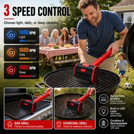 2026 Upgraded Electric Grill Brush, 3-Speed 1400–1800 RPM with LED Light, Rechargeable Electric BBQ Grill Cleaner, Anti-Shedding Brush Head, for Outdoor Grill, (Red)
