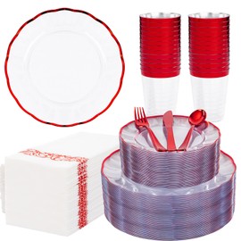 LIYH 350 Pcs Red Plastic Dinnerware Set for 50 Guests, Disposable Plastic Wavy Red Plates for Christmas Include: 50 Dinner Plates, 50 Dessert Plates, 50 Napkins, 50 Cups, 50 Cutlery for Party Birthday
